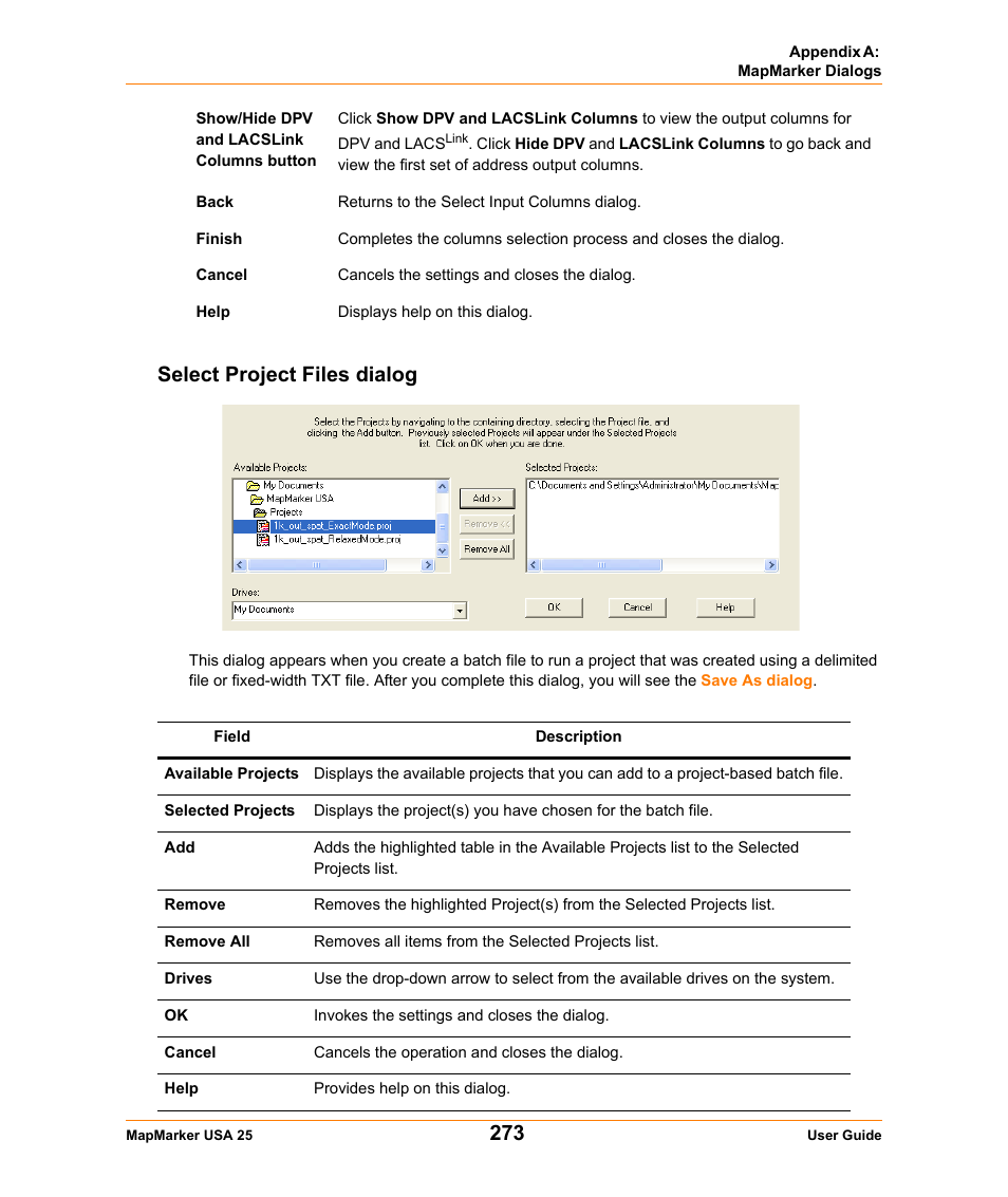 Select project files dialog | Pitney Bowes MapMarker USA User Manual | Page 273 / 334