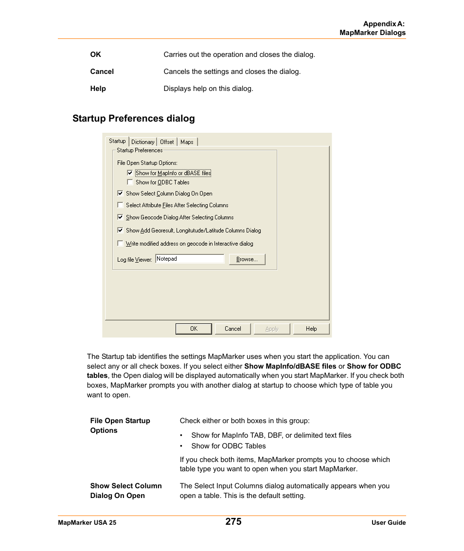 Startup preferences dialog | Pitney Bowes MapMarker USA User Manual | Page 275 / 334