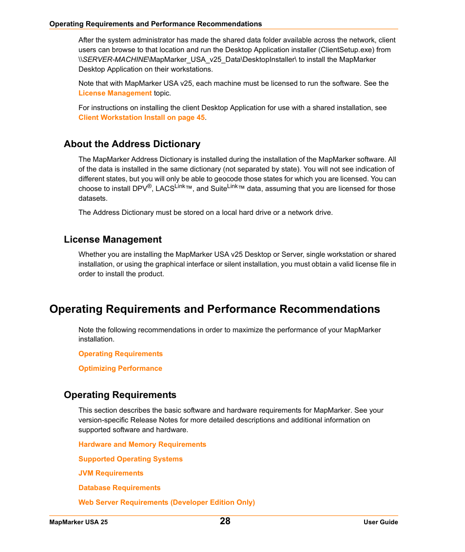 About the address dictionary, License management, Operating requirements | About the address dictionary license management | Pitney Bowes MapMarker USA User Manual | Page 28 / 334