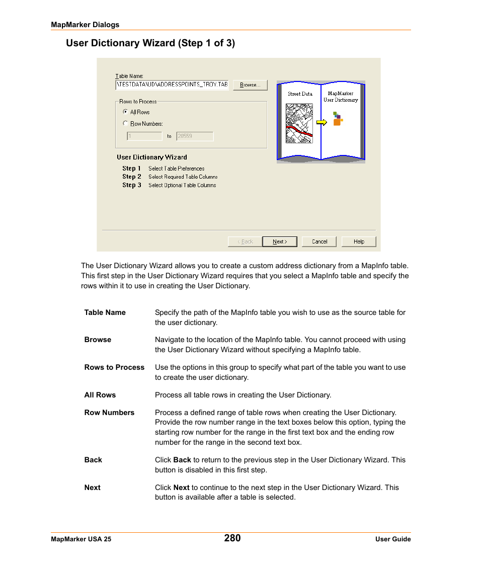 User dictionary wizard (step 1 of 3) | Pitney Bowes MapMarker USA User Manual | Page 280 / 334