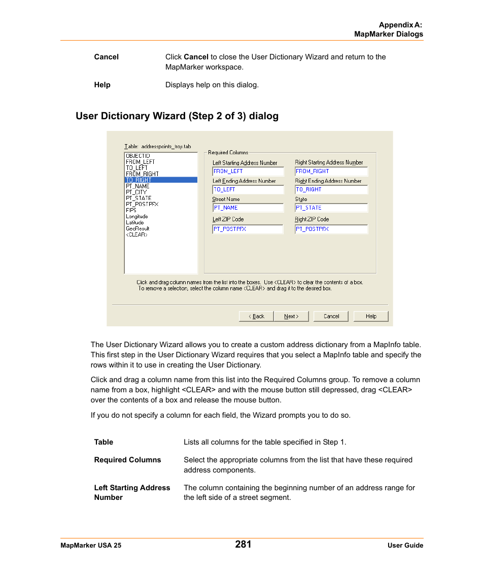 User dictionary wizard (step 2 of 3) dialog | Pitney Bowes MapMarker USA User Manual | Page 281 / 334