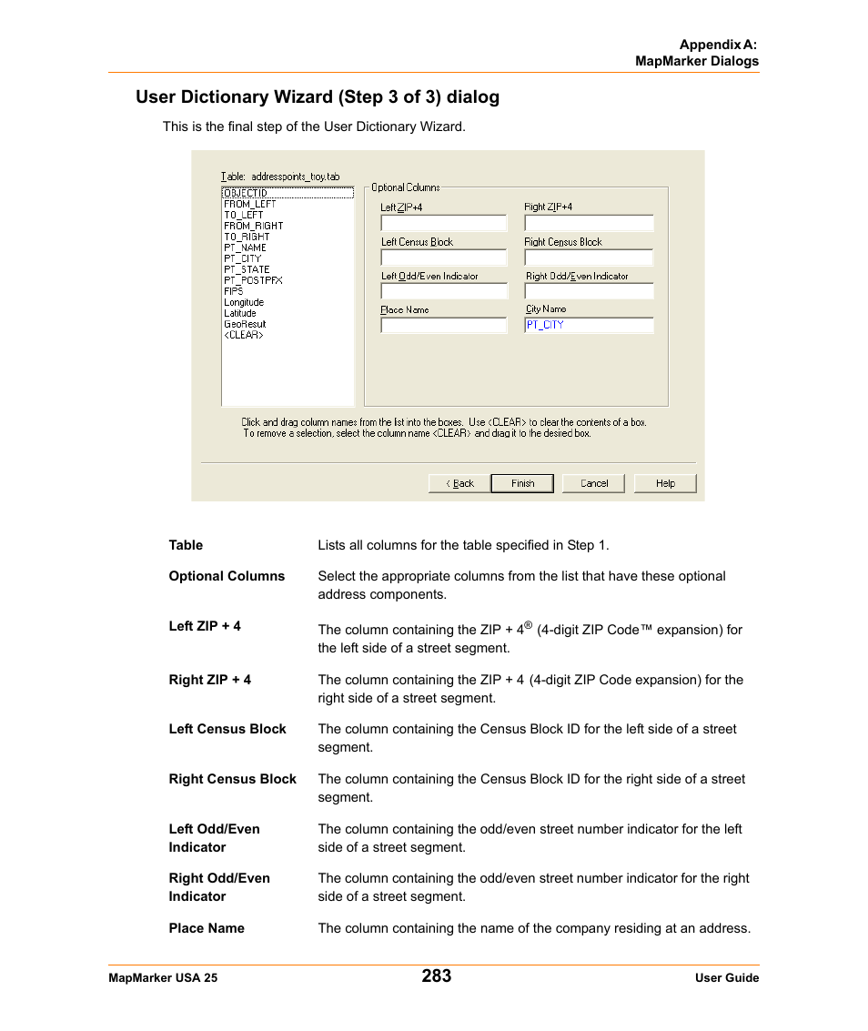 User dictionary wizard (step 3 of 3) dialog | Pitney Bowes MapMarker USA User Manual | Page 283 / 334
