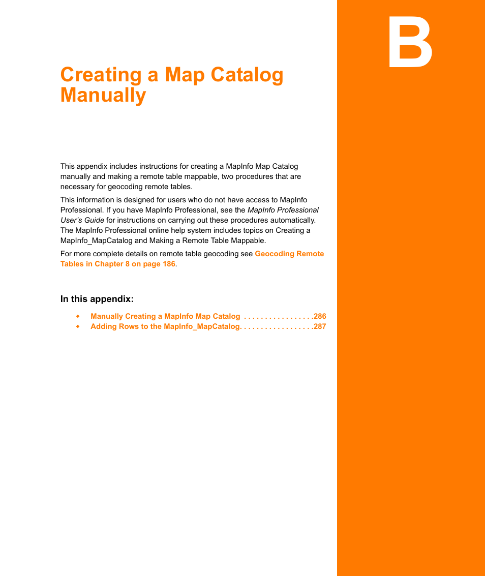 Creating a map catalog manually, Appendix b: creating a map catalog manually | Pitney Bowes MapMarker USA User Manual | Page 285 / 334