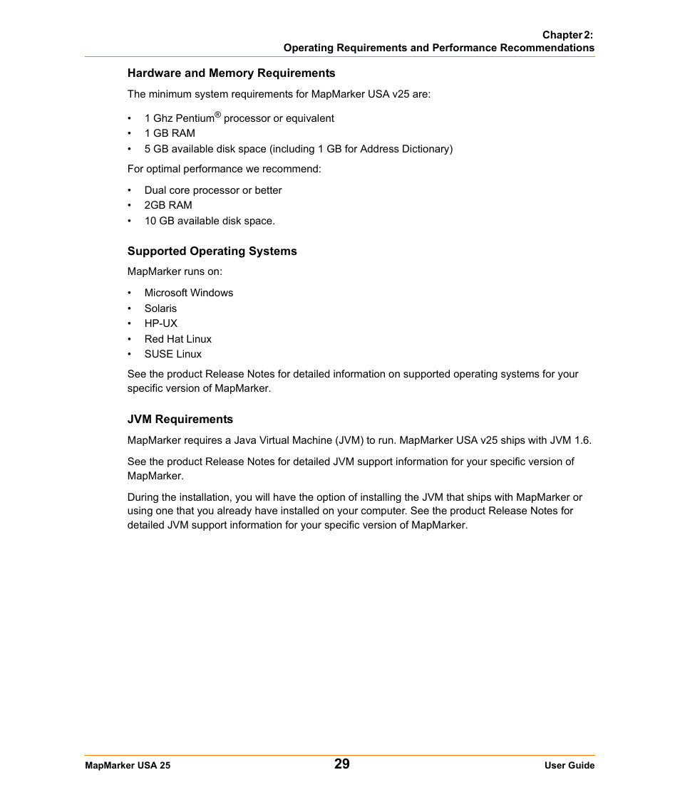 Hardware and memory requirements, Supported operating systems, Jvm requirements | Pitney Bowes MapMarker USA User Manual | Page 29 / 334