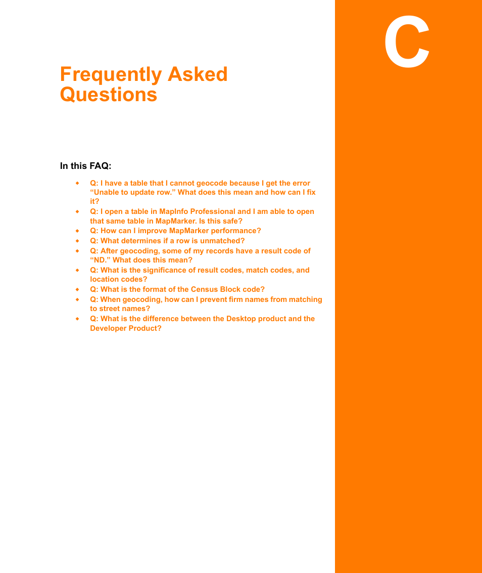 Frequently asked questions, Appendix c: frequently asked questions | Pitney Bowes MapMarker USA User Manual | Page 292 / 334
