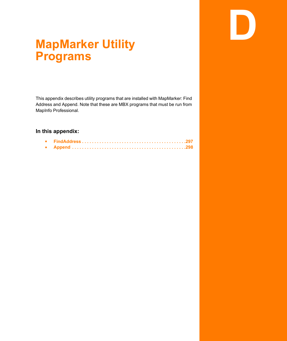 Mapmarker utility programs, Appendix d: mapmarker utility programs | Pitney Bowes MapMarker USA User Manual | Page 296 / 334