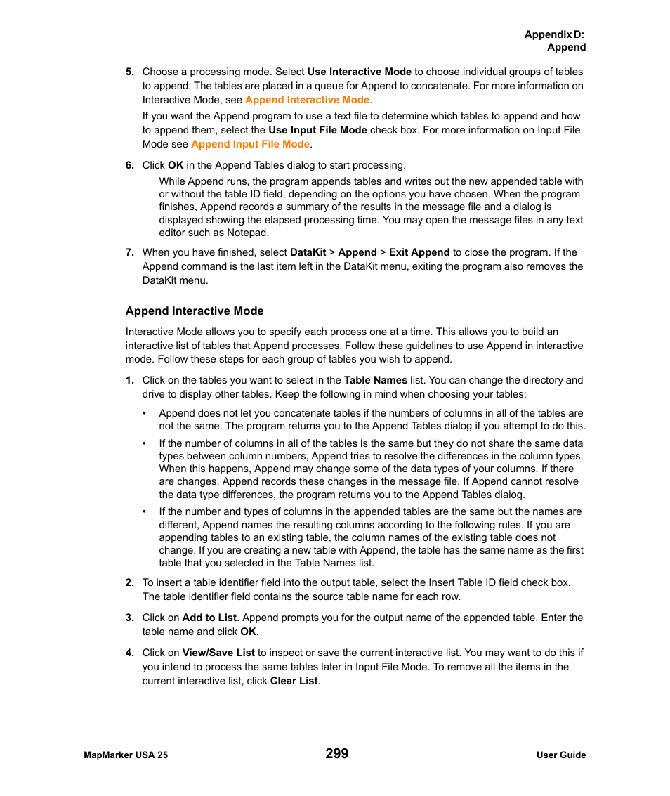 Append interactive mode | Pitney Bowes MapMarker USA User Manual | Page 299 / 334