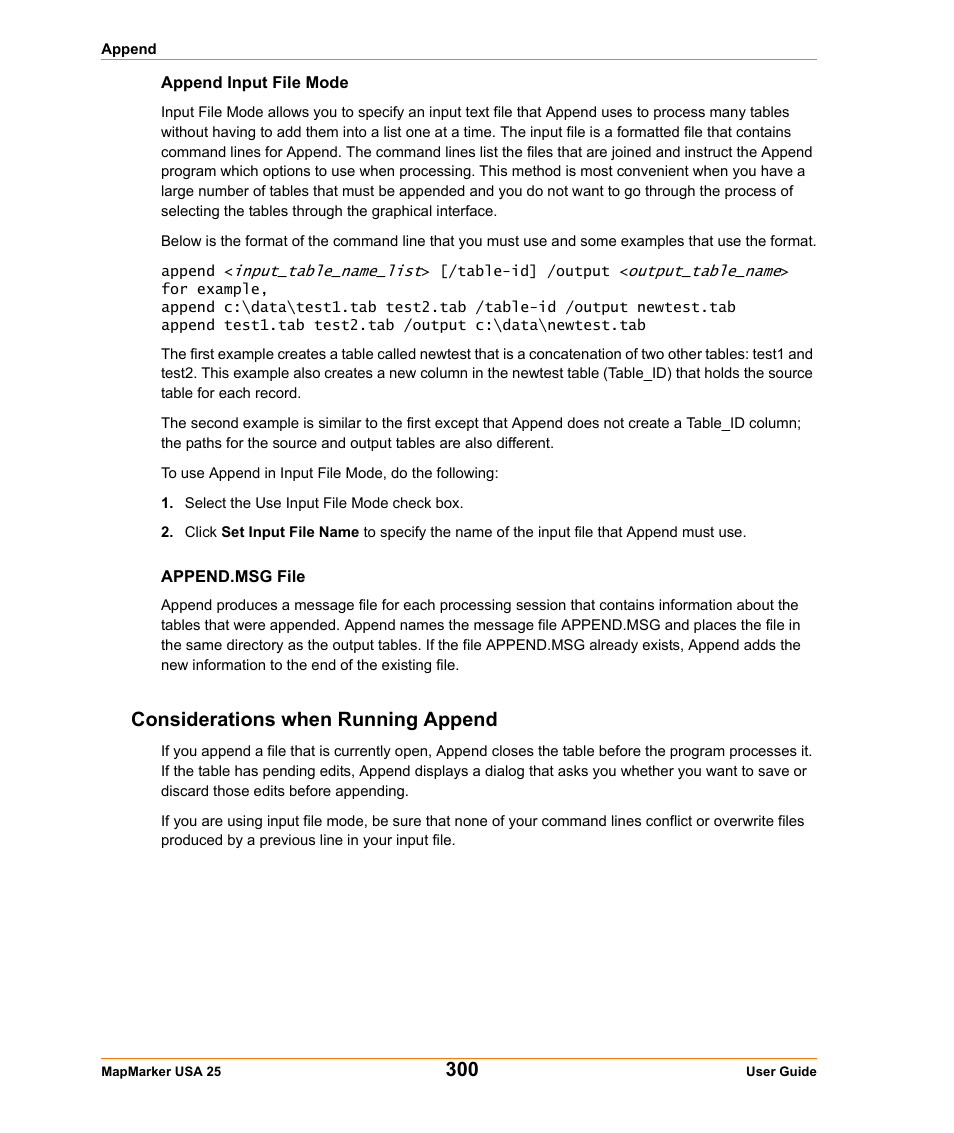 Append input file mode, Append.msg file, Considerations when running append | Pitney Bowes MapMarker USA User Manual | Page 300 / 334