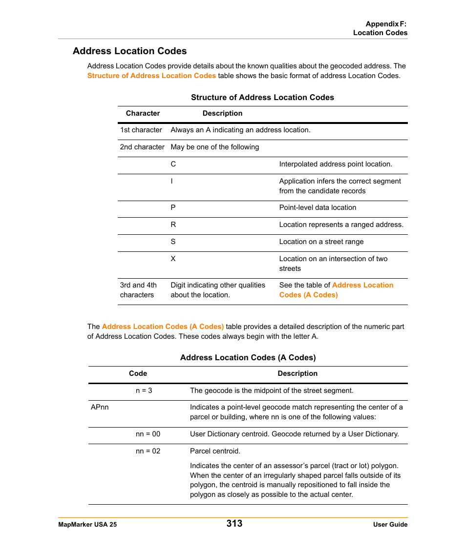Address location codes | Pitney Bowes MapMarker USA User Manual | Page 313 / 334