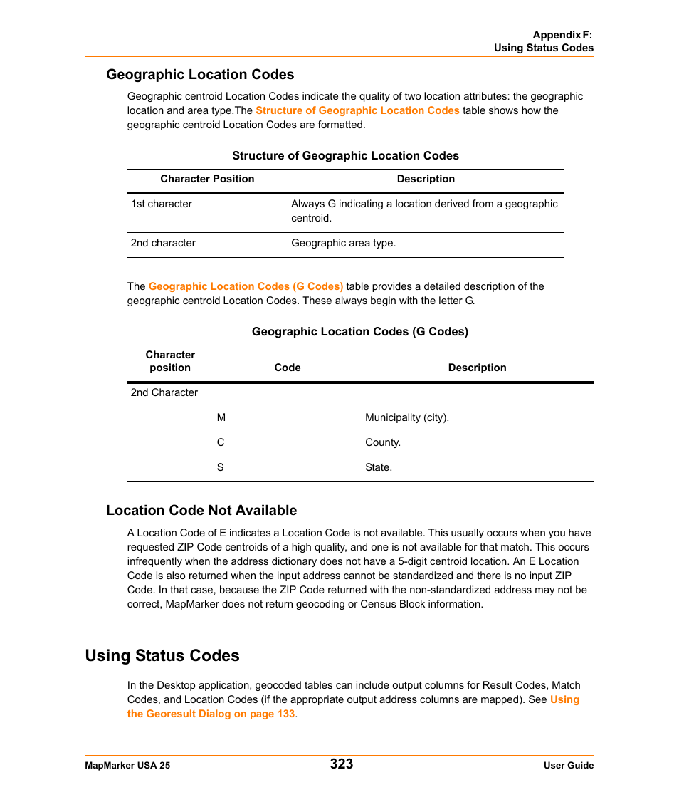 Geographic location codes, Location code not available, Using status codes | Pitney Bowes MapMarker USA User Manual | Page 323 / 334