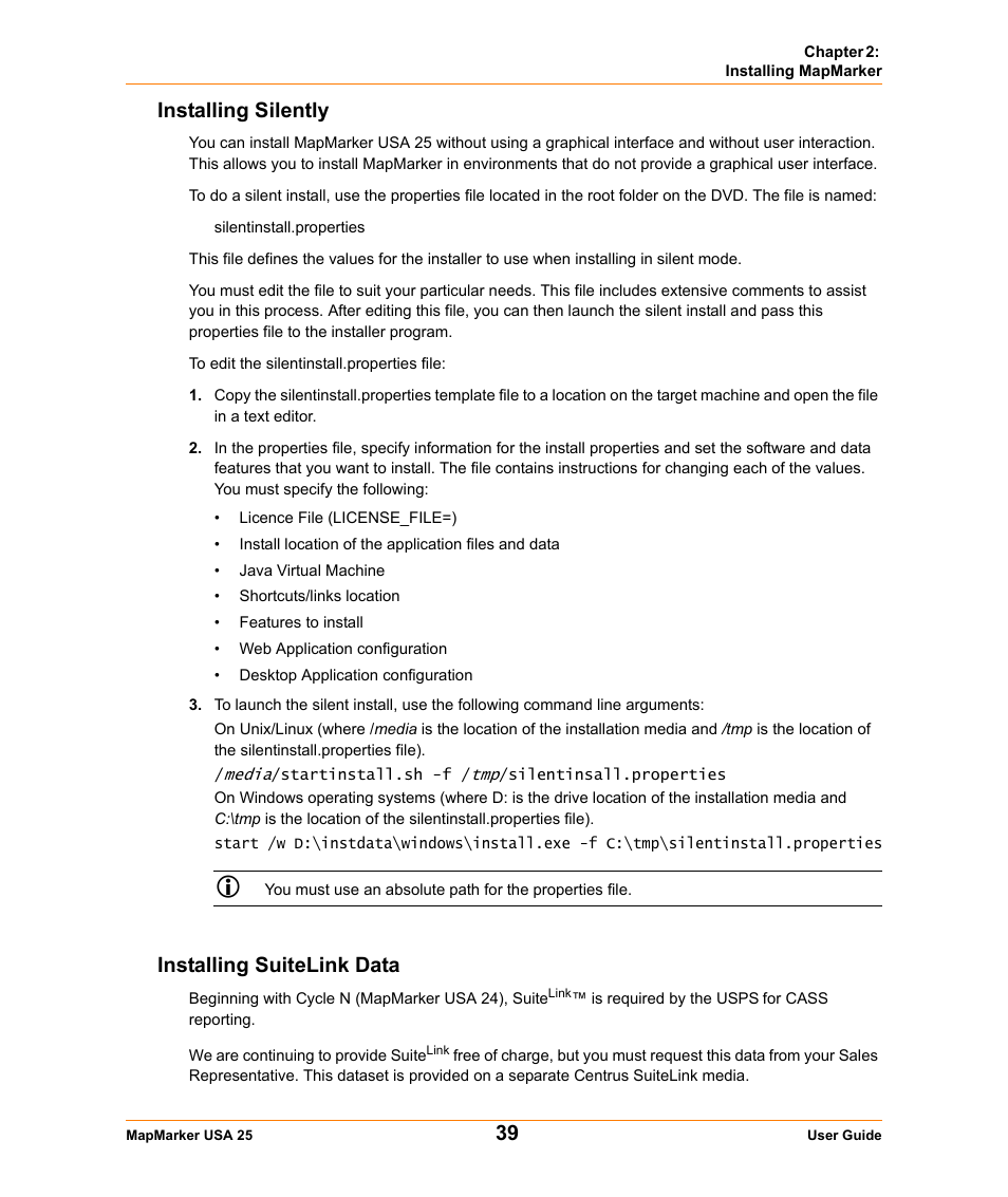 Installing silently, Installing suitelink data, Installing silently installing suitelink data | Pitney Bowes MapMarker USA User Manual | Page 39 / 334