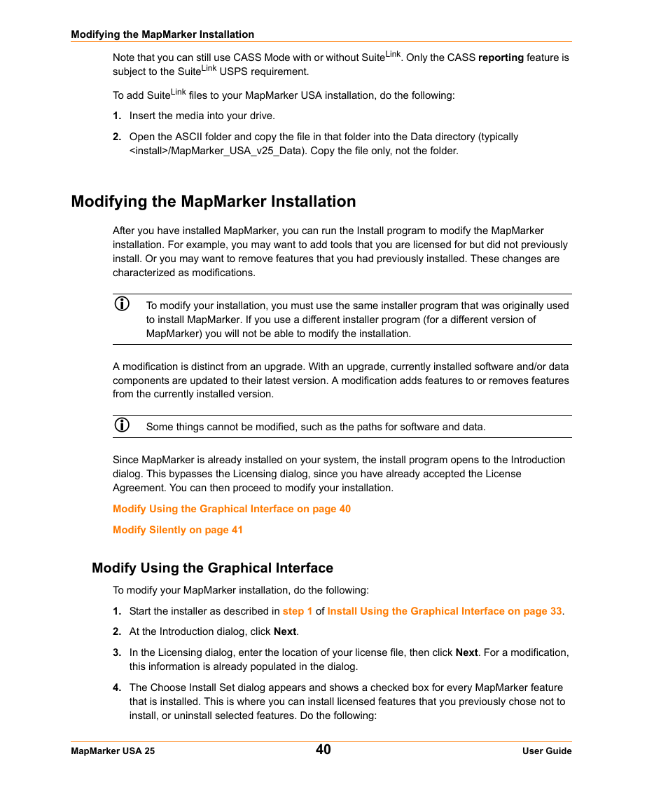Modifying the mapmarker installation, Modify using the graphical interface, Modifying the mapmarker installation on | Pitney Bowes MapMarker USA User Manual | Page 40 / 334