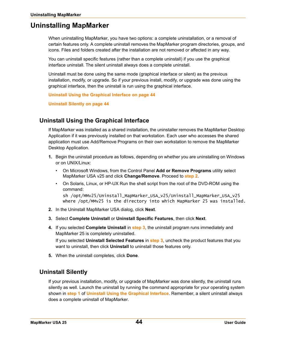 Uninstalling mapmarker, Uninstall using the graphical interface, Uninstall silently | Pitney Bowes MapMarker USA User Manual | Page 44 / 334