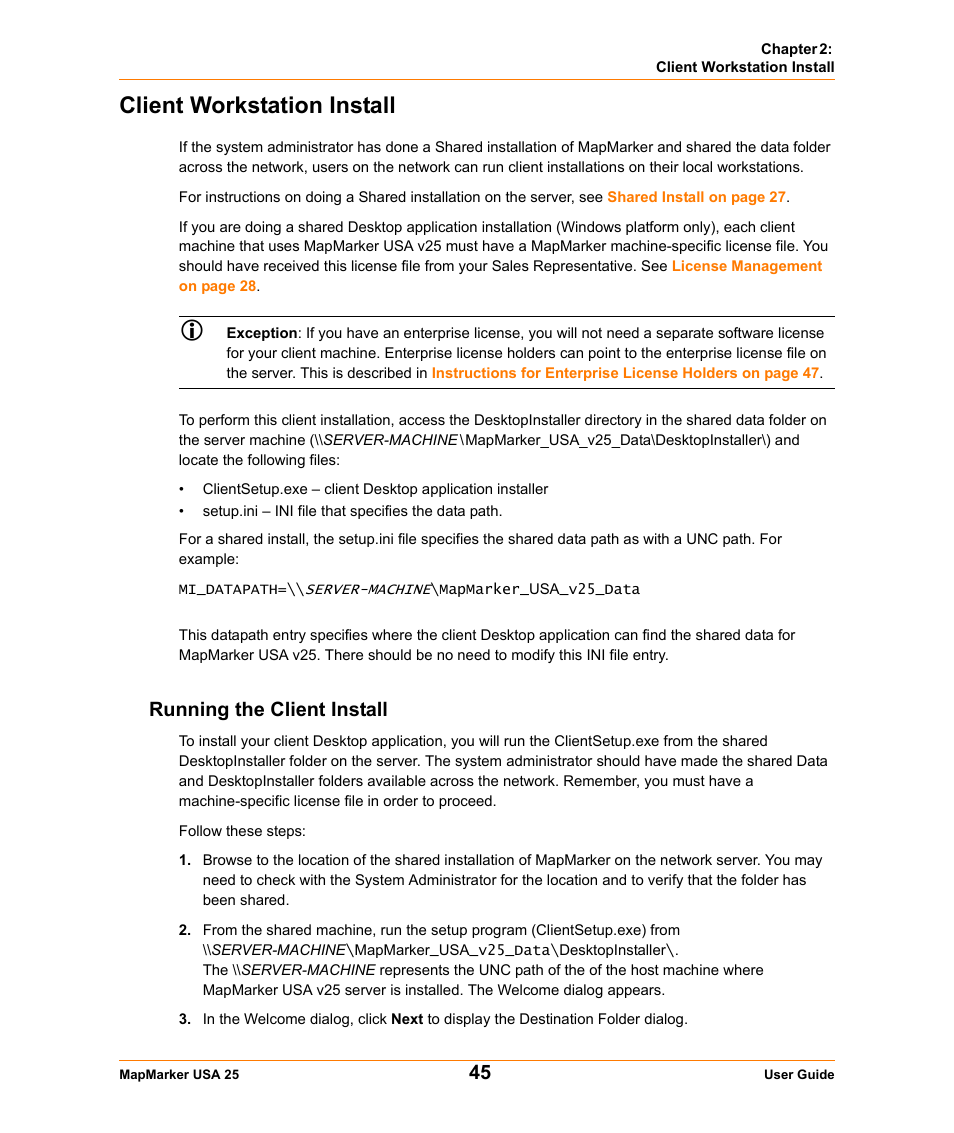 Client workstation install, Running the client install, Client workstation | Pitney Bowes MapMarker USA User Manual | Page 45 / 334