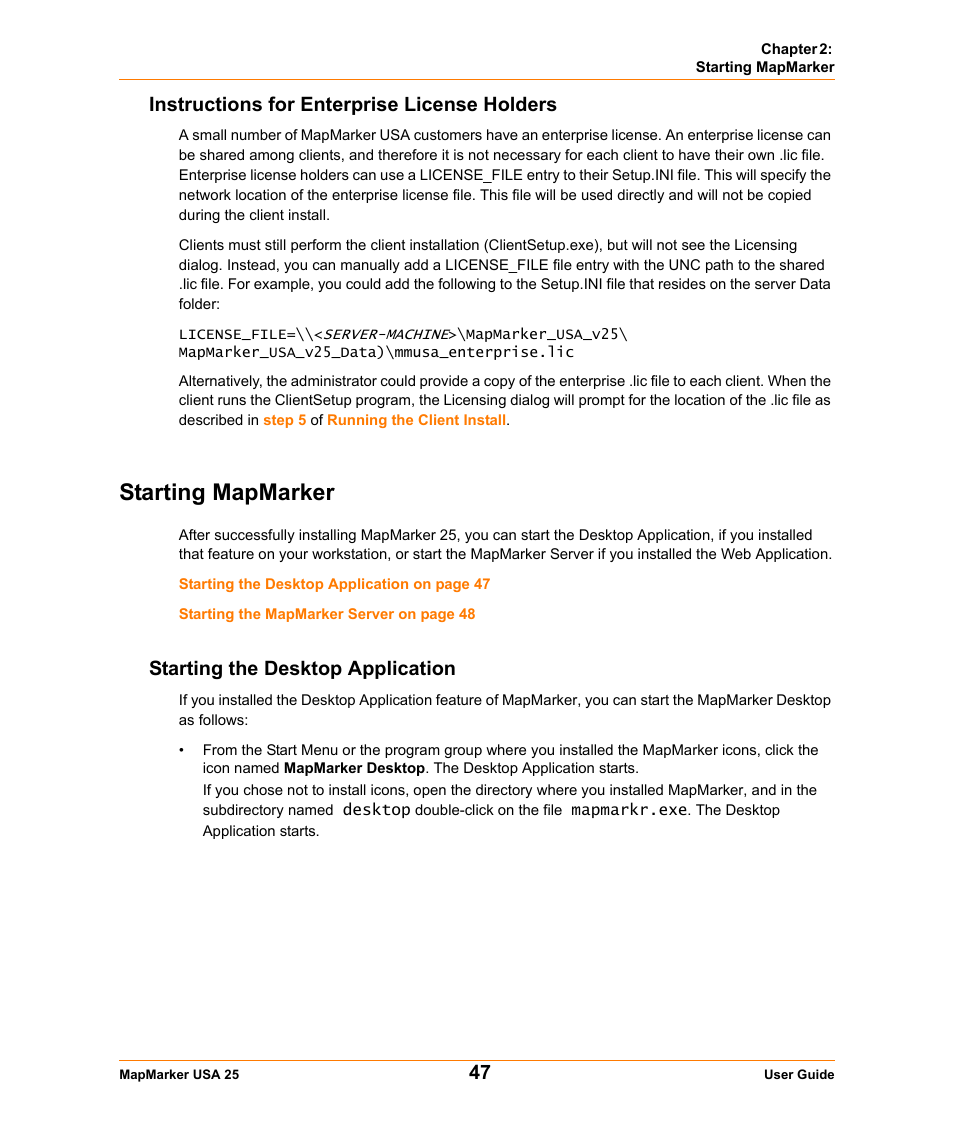 Instructions for enterprise license holders, Starting mapmarker, Starting the desktop application | Instructions for enterprise, License holders | Pitney Bowes MapMarker USA User Manual | Page 47 / 334