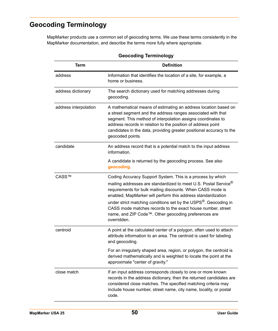 Geocoding terminology | Pitney Bowes MapMarker USA User Manual | Page 50 / 334