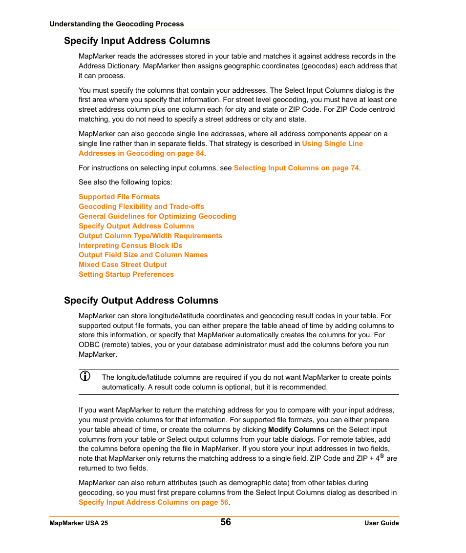 Specify input address columns, Specify output address columns | Pitney Bowes MapMarker USA User Manual | Page 56 / 334