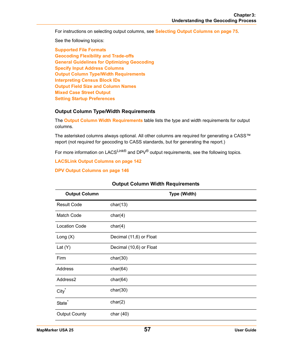 Output column type/width requirements | Pitney Bowes MapMarker USA User Manual | Page 57 / 334