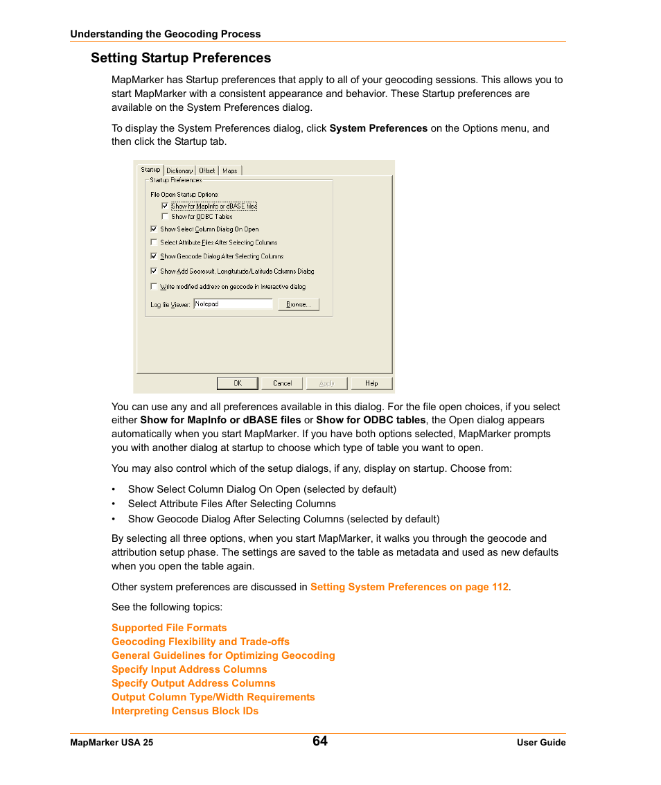 Setting startup preferences | Pitney Bowes MapMarker USA User Manual | Page 64 / 334
