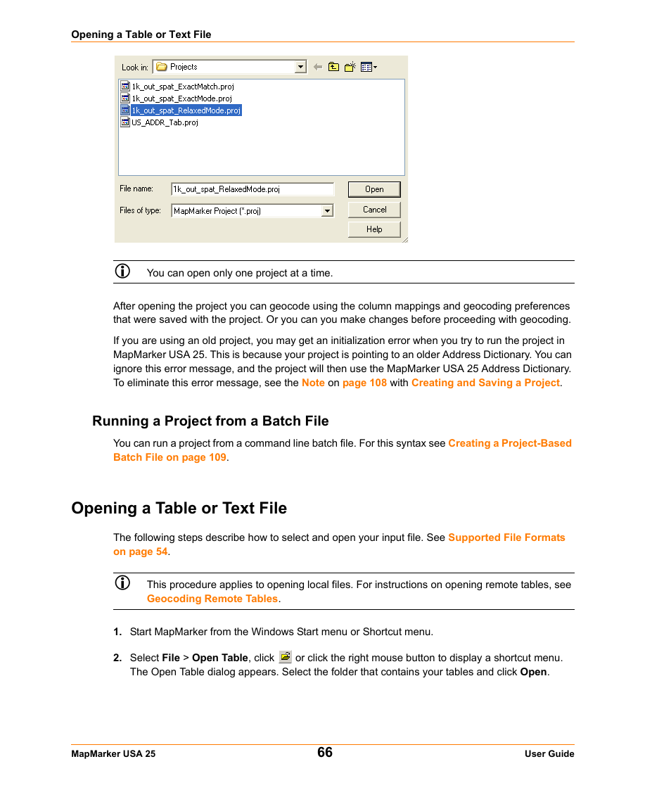Running a project from a batch file, Opening a table or text file | Pitney Bowes MapMarker USA User Manual | Page 66 / 334