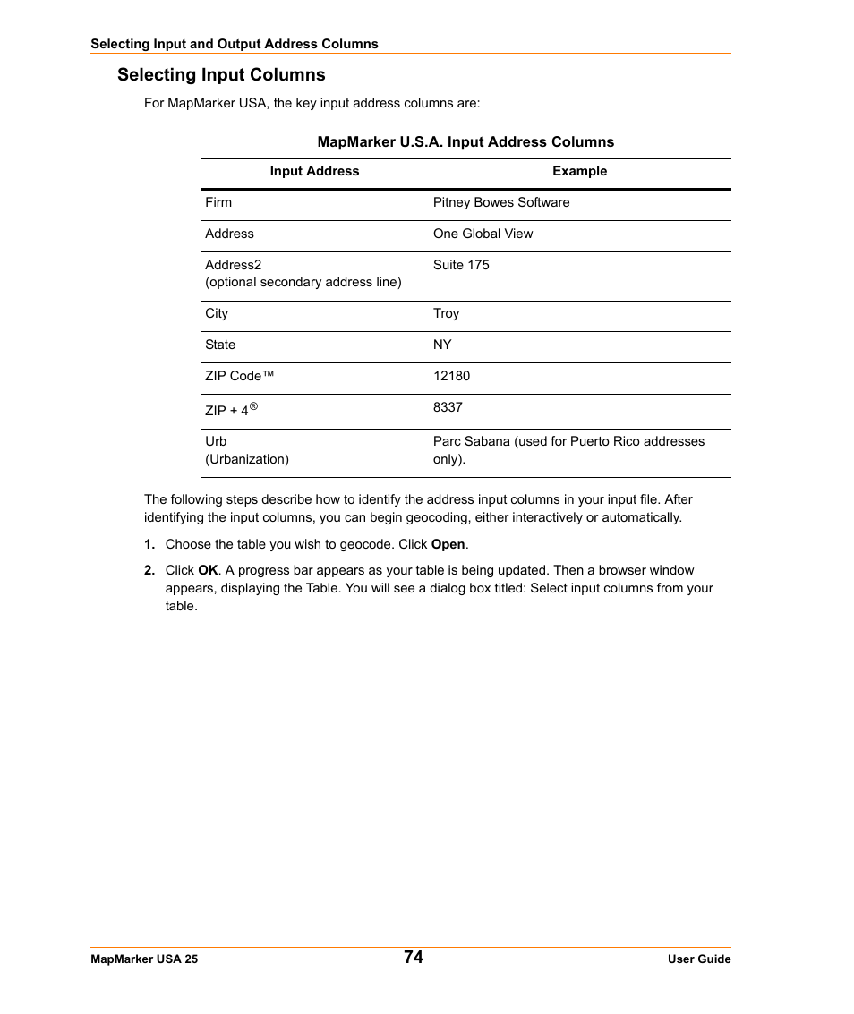 Selecting input columns, Ble. see | Pitney Bowes MapMarker USA User Manual | Page 74 / 334