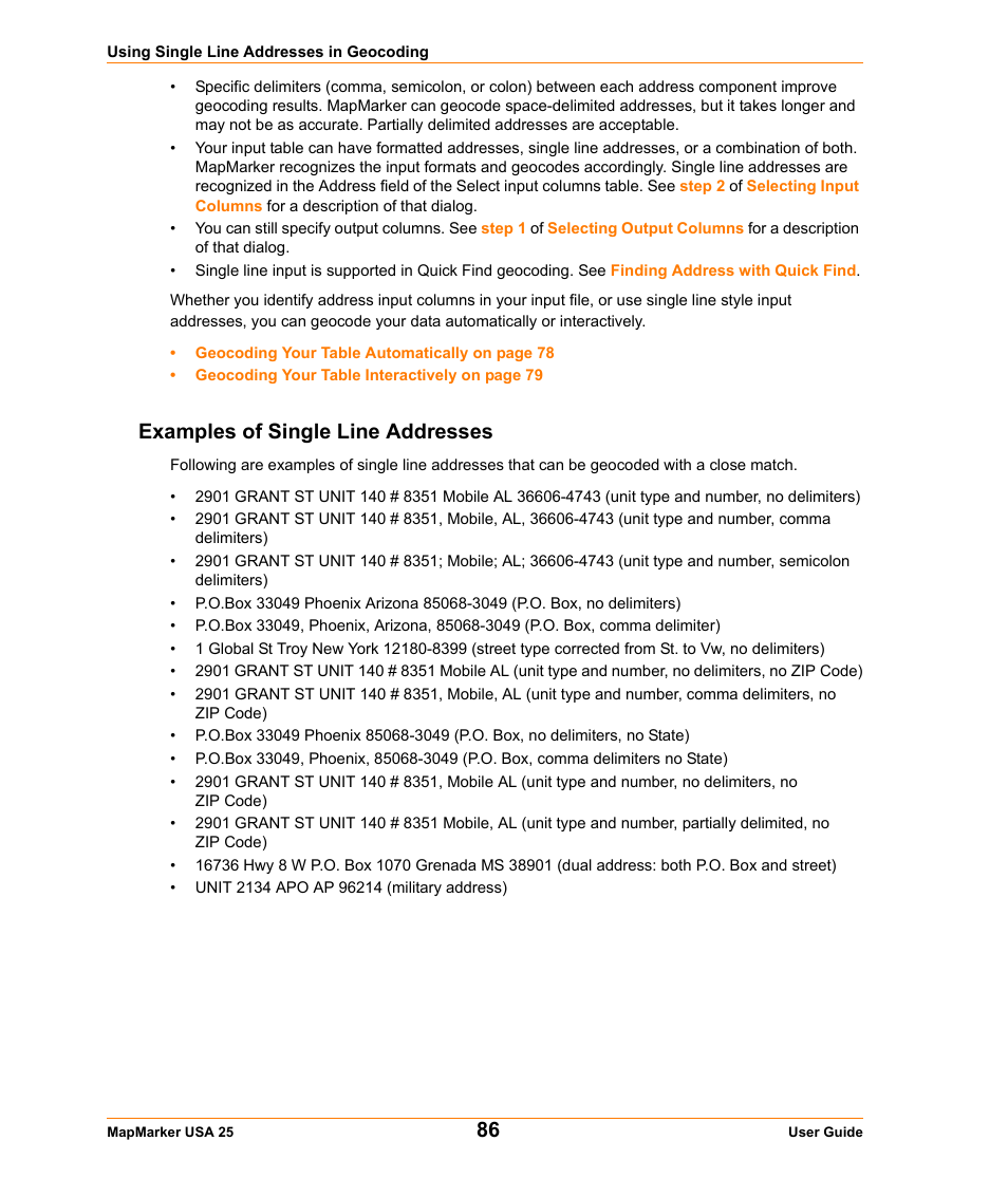 Examples of single line addresses | Pitney Bowes MapMarker USA User Manual | Page 86 / 334