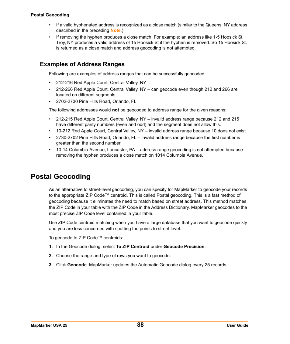 Examples of address ranges, Postal geocoding | Pitney Bowes MapMarker USA User Manual | Page 88 / 334