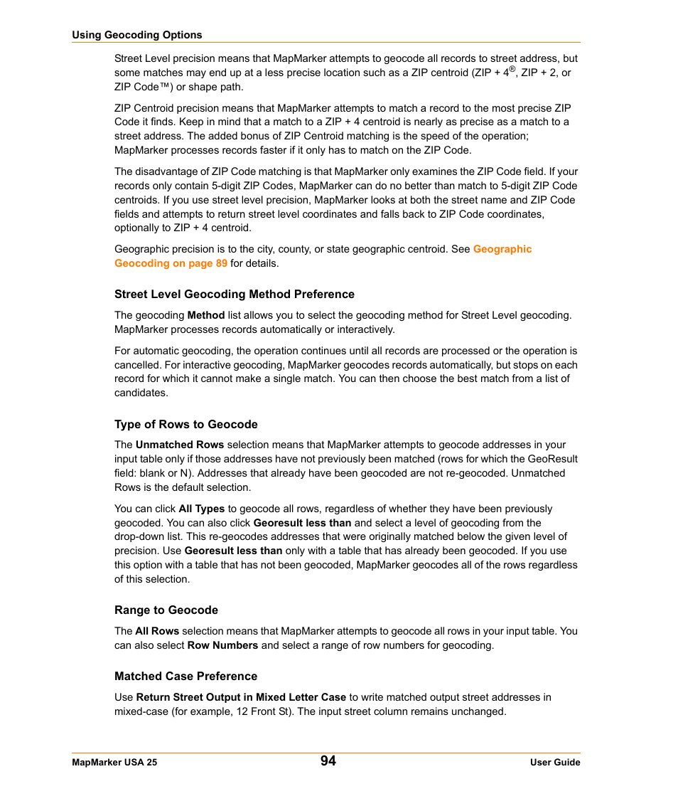 Street level geocoding method preference, Type of rows to geocode, Range to geocode | Matched case preference | Pitney Bowes MapMarker USA User Manual | Page 94 / 334