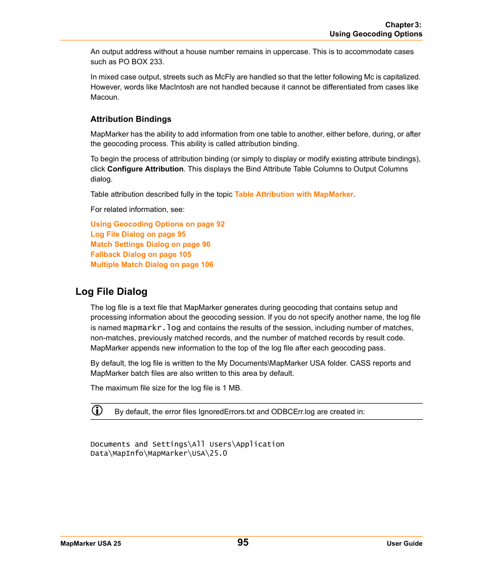Attribution bindings, Log file dialog | Pitney Bowes MapMarker USA User Manual | Page 95 / 334