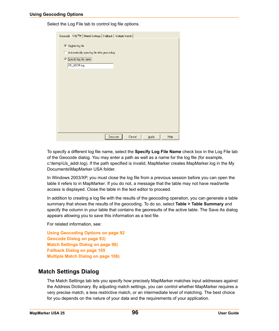 Match settings dialog | Pitney Bowes MapMarker USA User Manual | Page 96 / 334