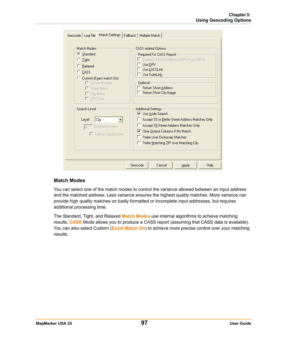 Match modes | Pitney Bowes MapMarker USA User Manual | Page 97 / 334