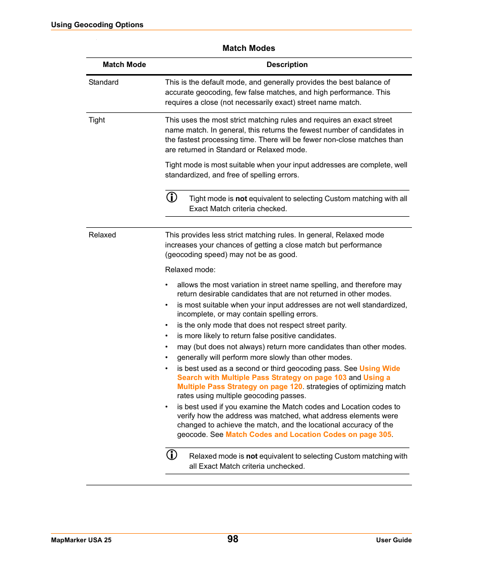 Match modes | Pitney Bowes MapMarker USA User Manual | Page 98 / 334