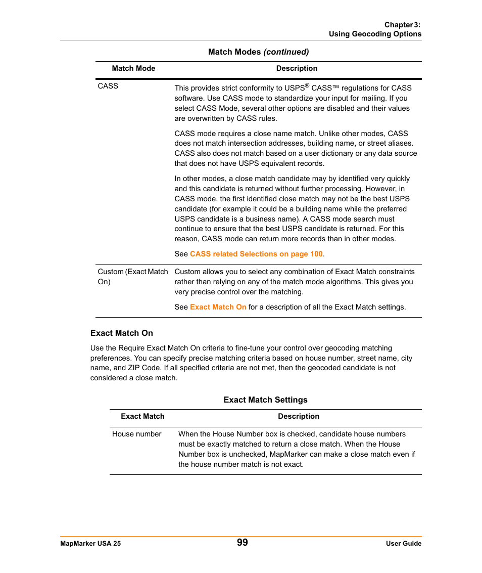 Exact match on, Cass, Custom | Pitney Bowes MapMarker USA User Manual | Page 99 / 334
