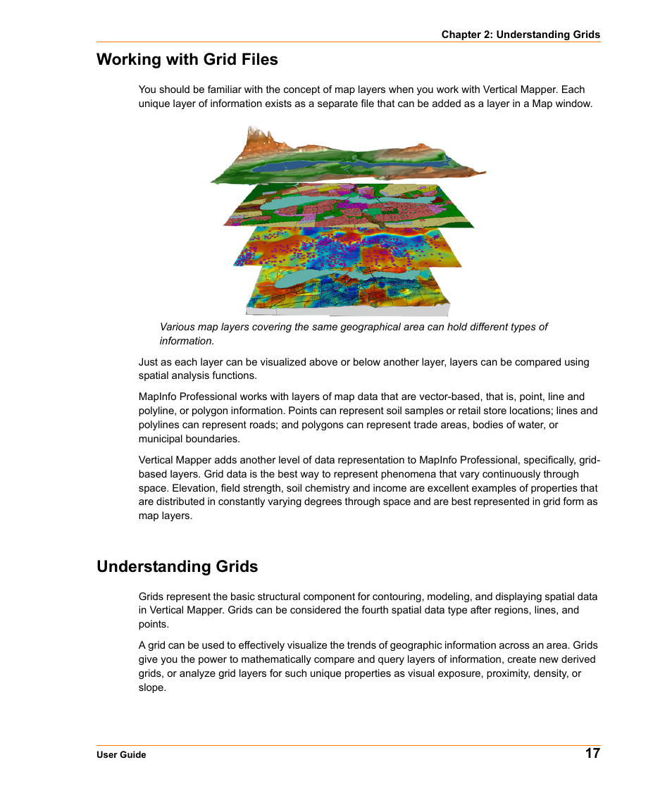 Working with grid files, Understanding grids, Working with grid files understanding grids | Pitney Bowes MapInfo Vertical Mapper User Manual | Page 19 / 213