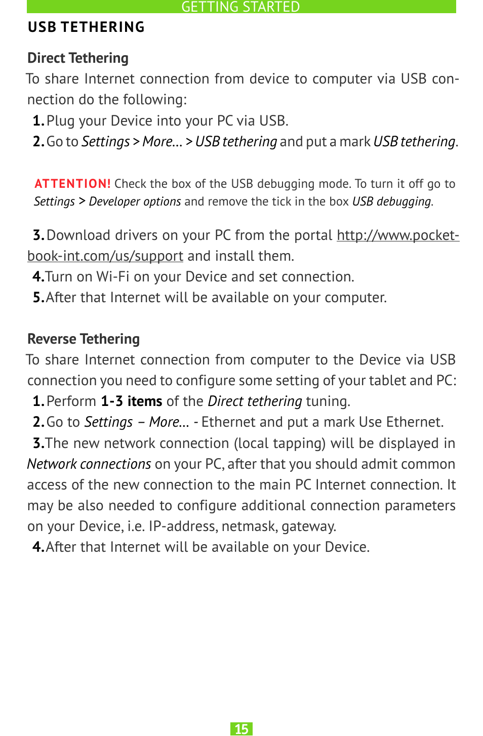 Usb tethering, Direct tethering, Reverse tethering | PocketBook SURFpad U7 User Manual | Page 15 / 46