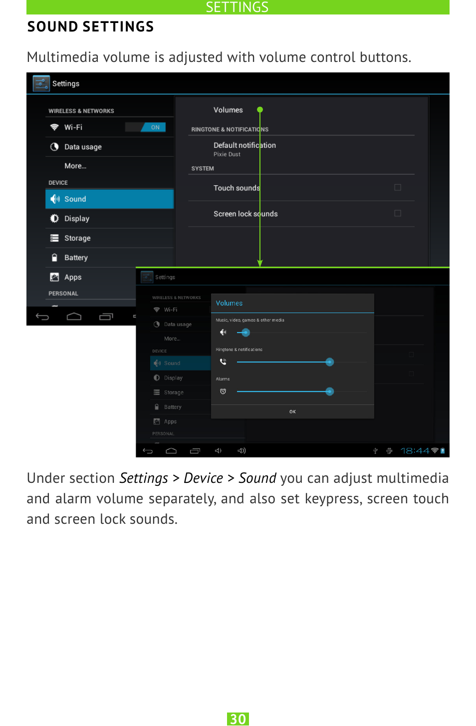 Sound settings | PocketBook SURFpad U7 User Manual | Page 30 / 46