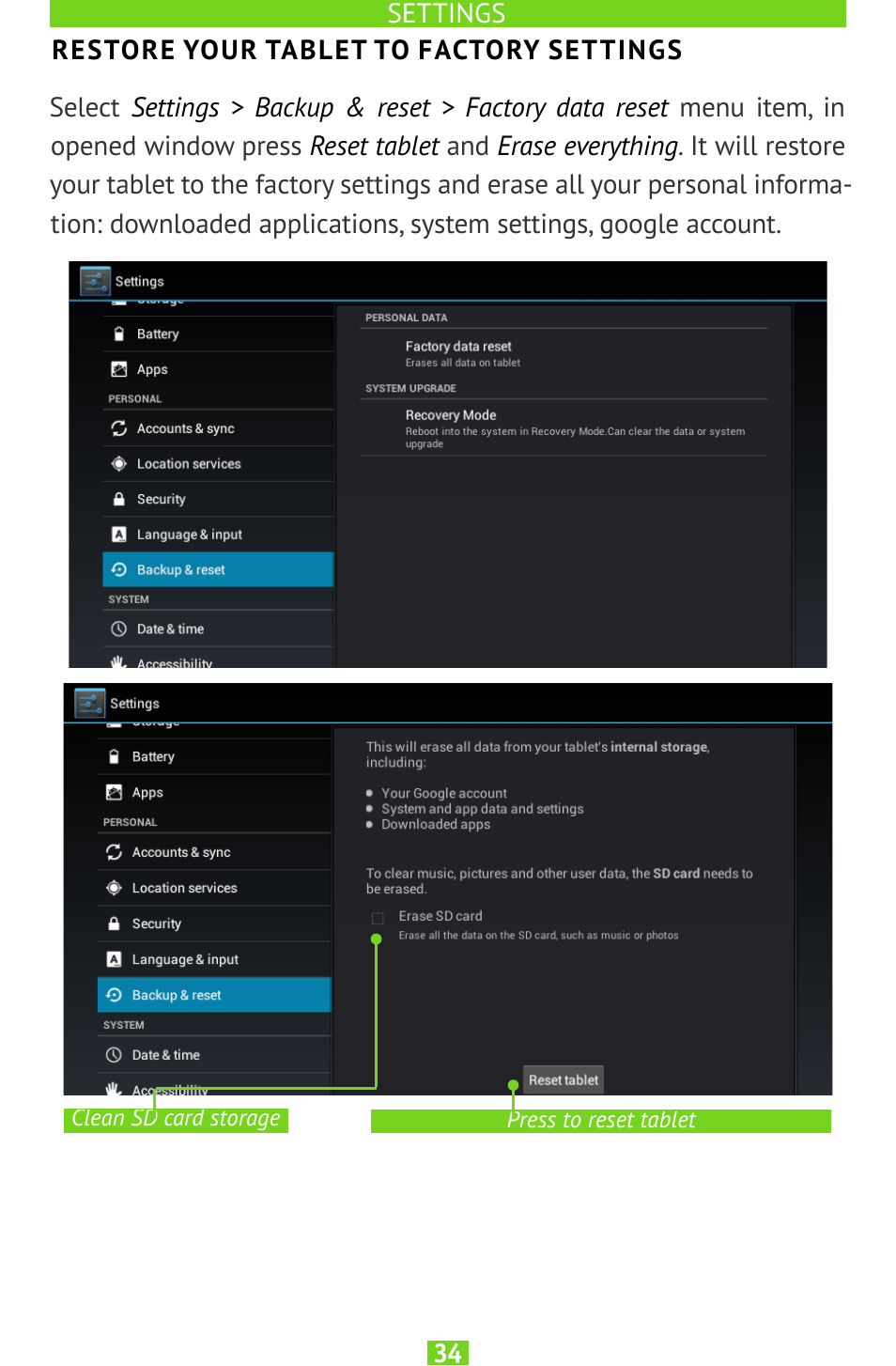 Restore your tablet to factory settings | PocketBook SURFpad U7 User Manual | Page 34 / 46
