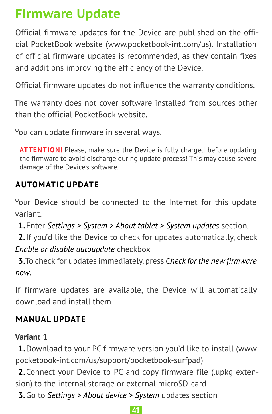 Firmware update, Automatic update, Manual update | PocketBook SURFpad U7 User Manual | Page 41 / 46