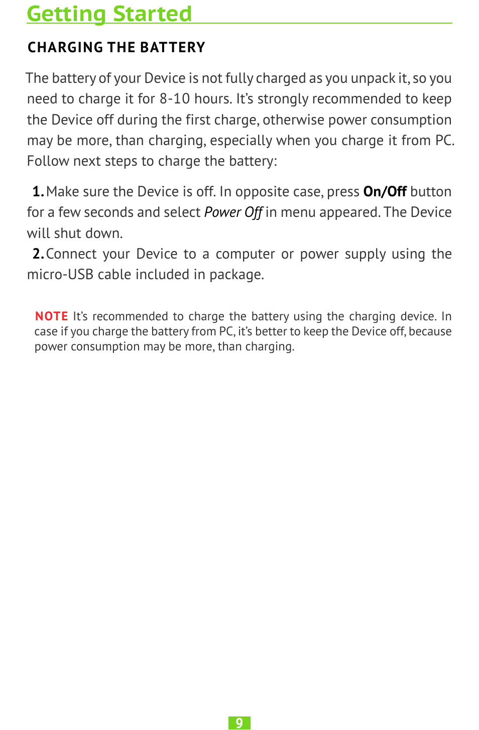 Getting started, Charging the battery | PocketBook SURFpad U7 User Manual | Page 9 / 46