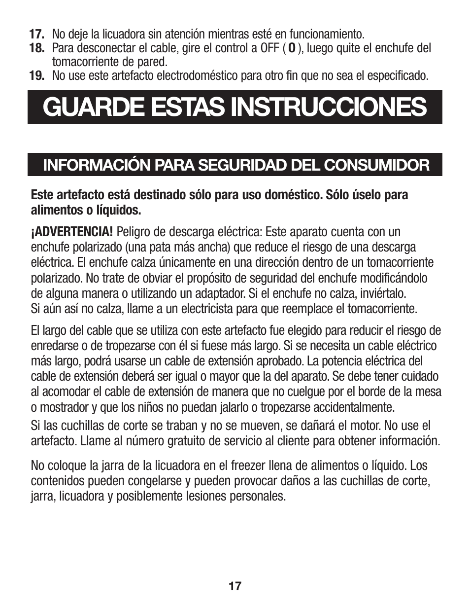 Guarde estas instrucciones | Proctor-Silex Compact Blender (black)-58131Y User Manual | Page 17 / 24