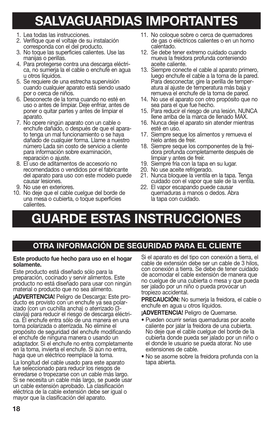 840180301 spv01, Salvaguardias importantes, Guarde estas instrucciones | Otra información de seguridad para el cliente | Proctor-Silex 4 Cup Oil Capacity Deep Fryer-35017Y User Manual | Page 18 / 28