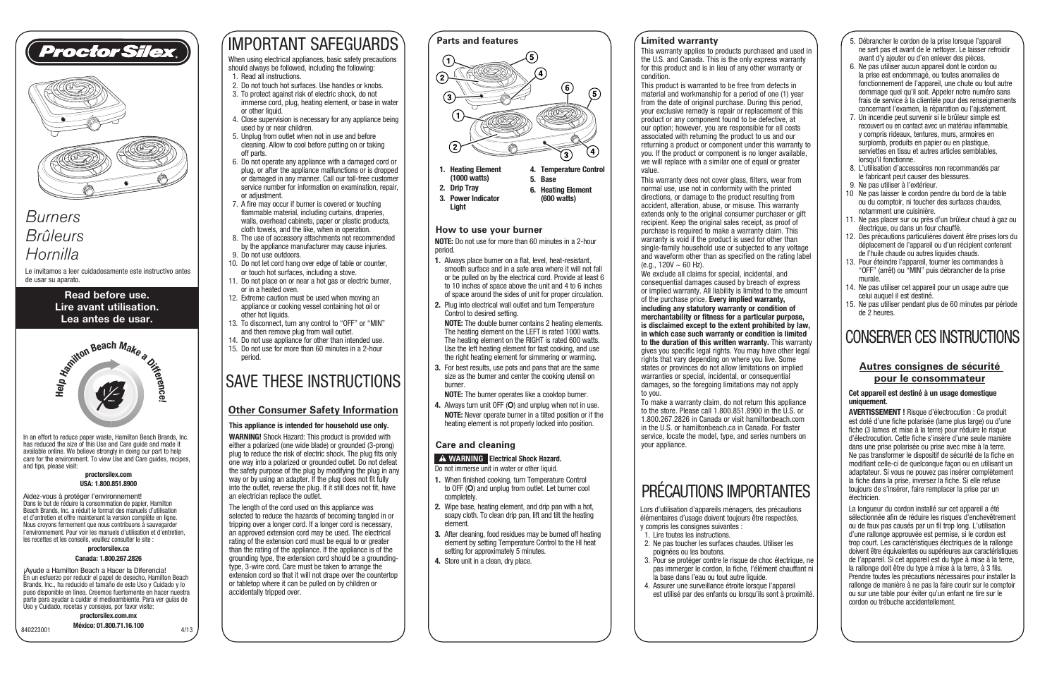 Proctor-Silex Single Electric Burner-34101Y User Manual | 2 pages