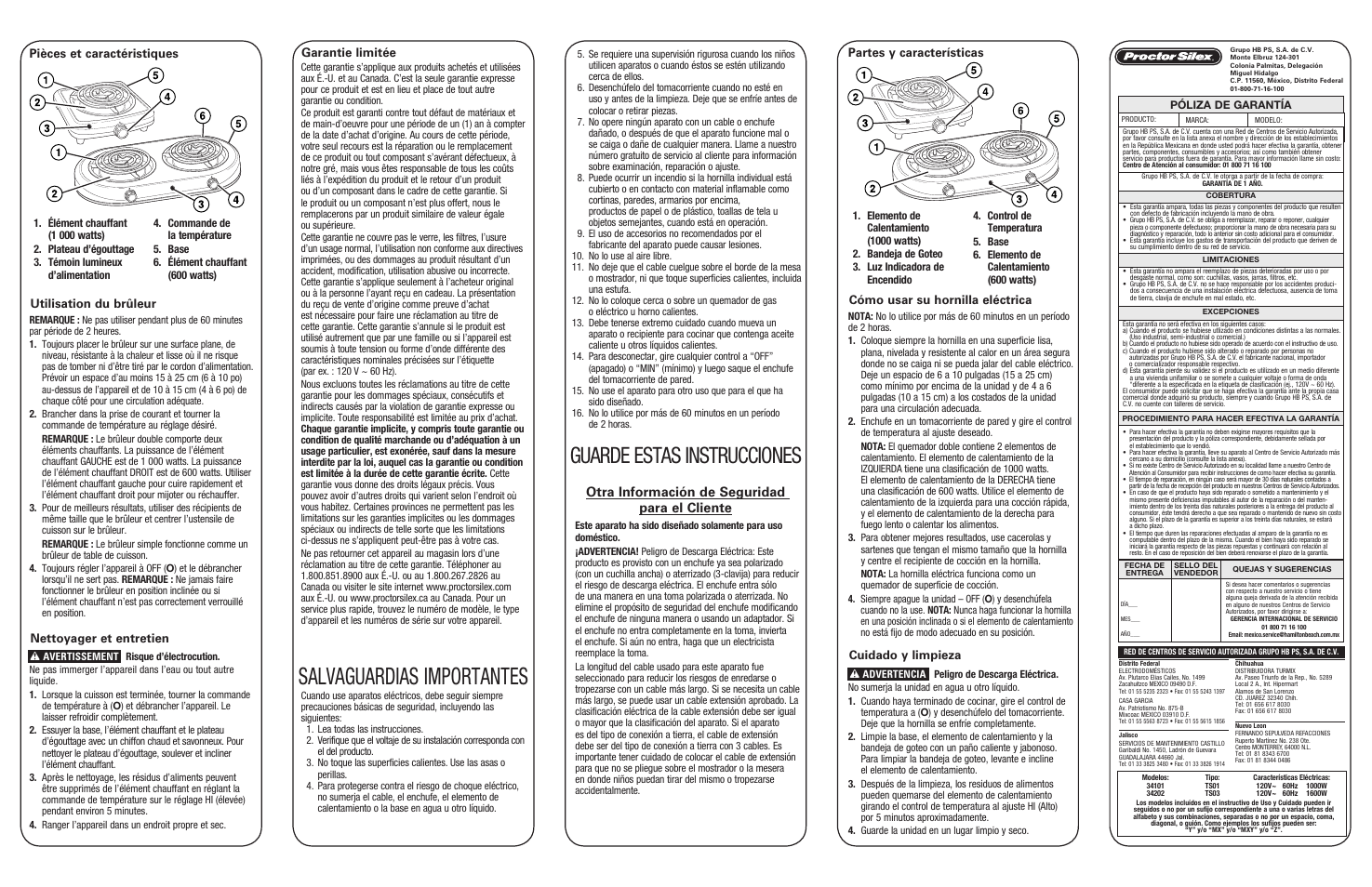 Salvaguardias importantes, Guarde estas instrucciones, Otra información de seguridad para el cliente | Pièces et caractéristiques, Garantie limitée, Utilisation du brûleur nettoyager et entretien, Partes y características, Cómo usar su hornilla eléctrica cuidado y limpieza | Proctor-Silex Single Electric Burner-34101Y User Manual | Page 2 / 2