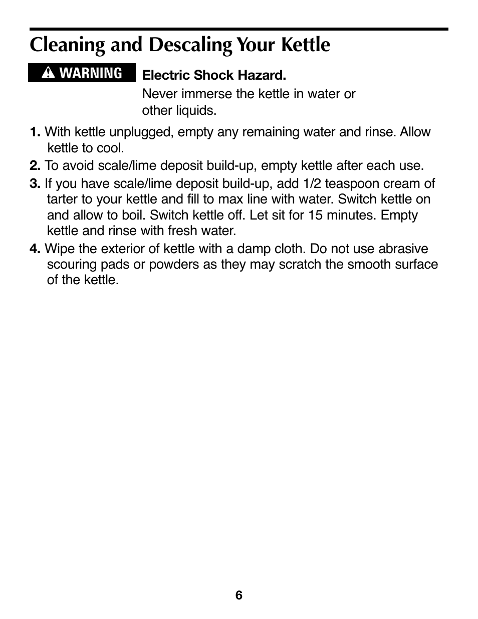 Cleaning and descaling your kettle | Proctor-Silex Cordless Electric Kettle (white)-K4070Y User Manual | Page 6 / 24