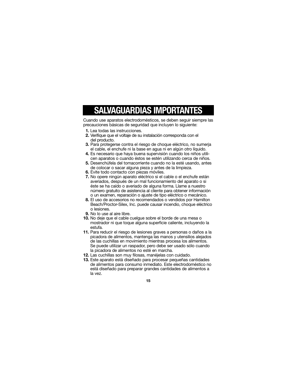 Salvaguardias importantes | Proctor-Silex Food Chopper (black)-72507 User Manual | Page 15 / 24