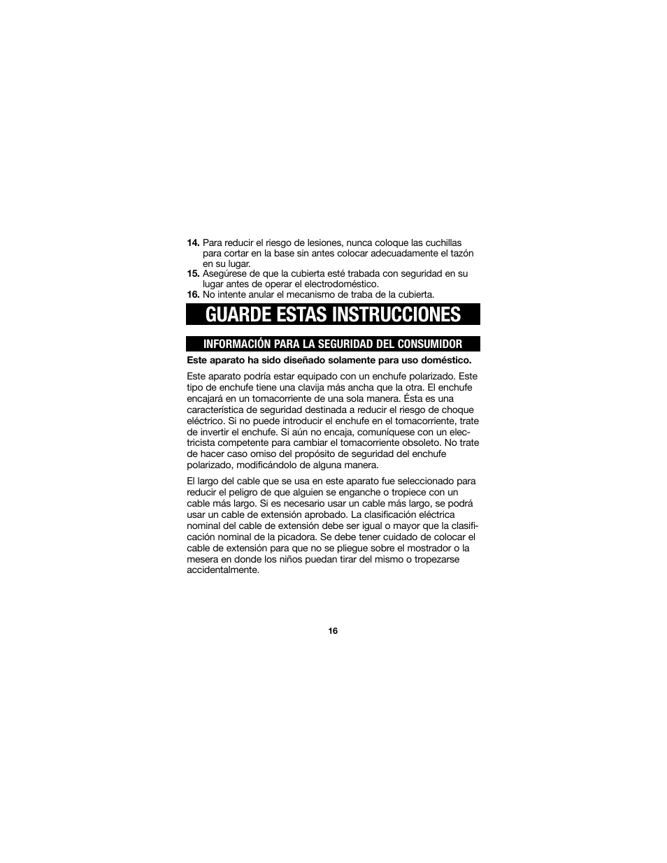 Guarde estas instrucciones | Proctor-Silex Food Chopper (black)-72507 User Manual | Page 16 / 24