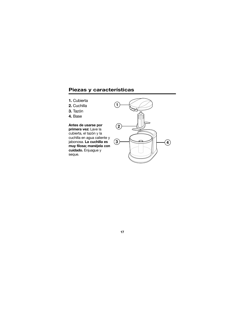 Piezas y características | Proctor-Silex Food Chopper (black)-72507 User Manual | Page 17 / 24