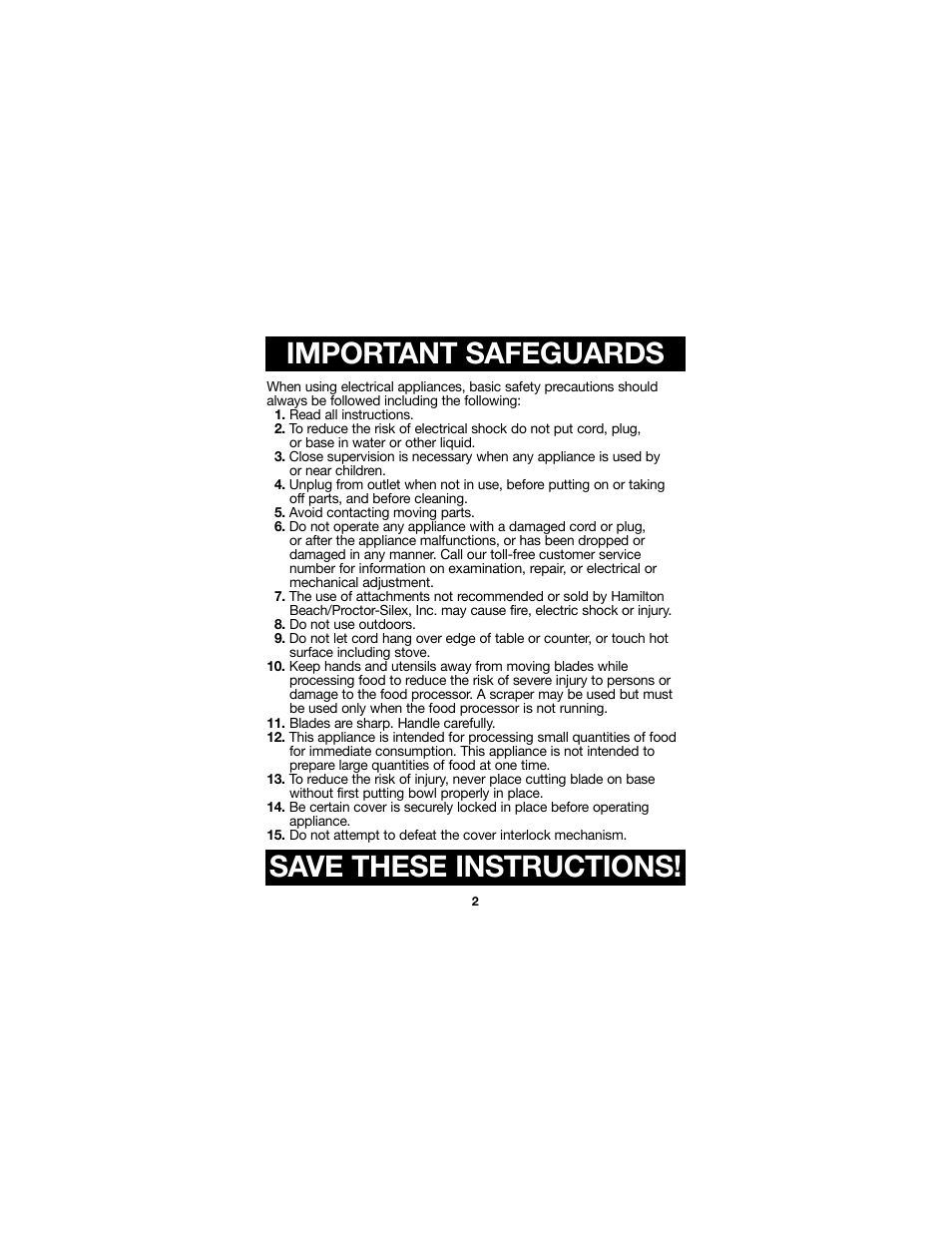 Important safeguards save these instructions | Proctor-Silex Food Chopper (black)-72507 User Manual | Page 2 / 24
