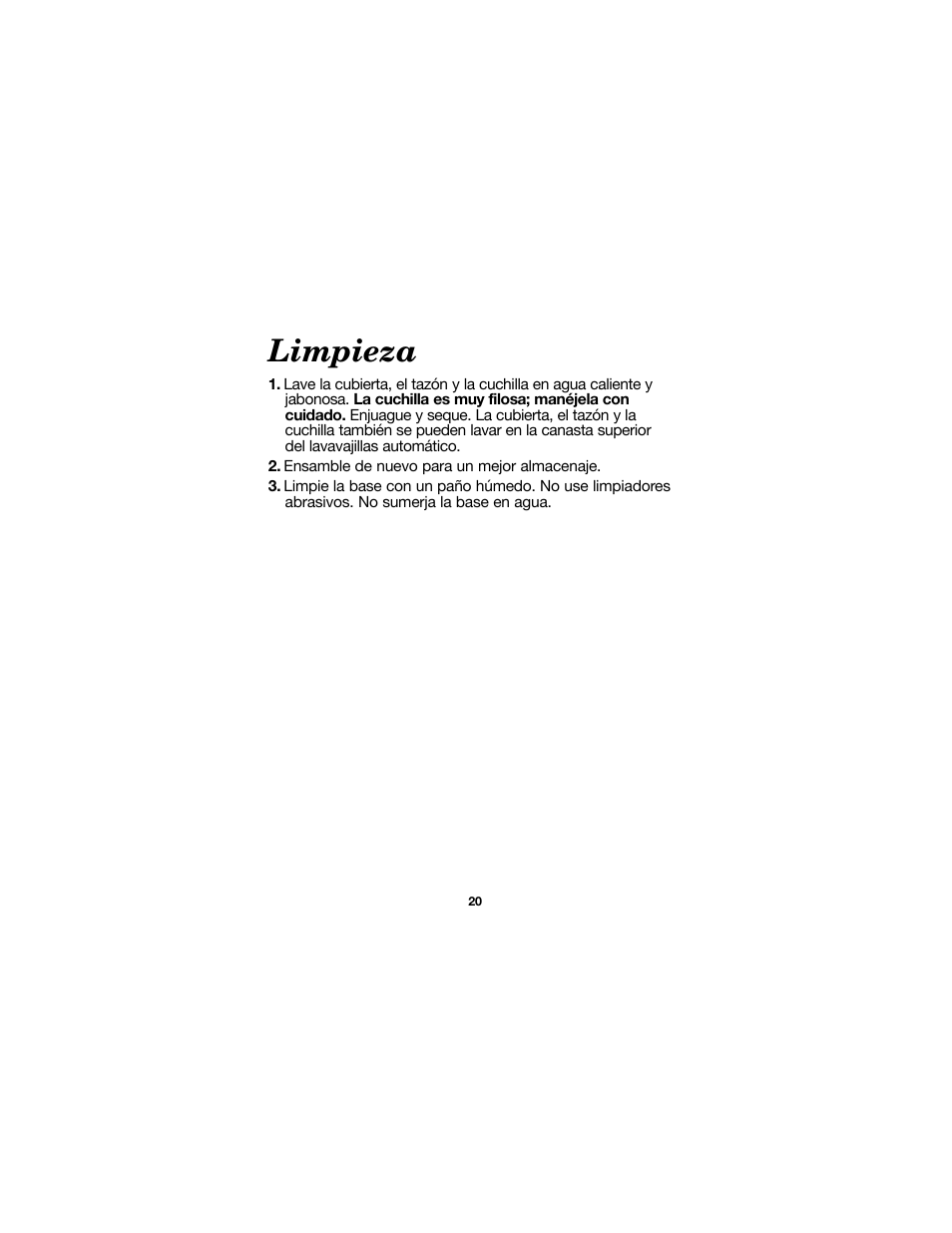 Limpieza | Proctor-Silex Food Chopper (black)-72507 User Manual | Page 20 / 24