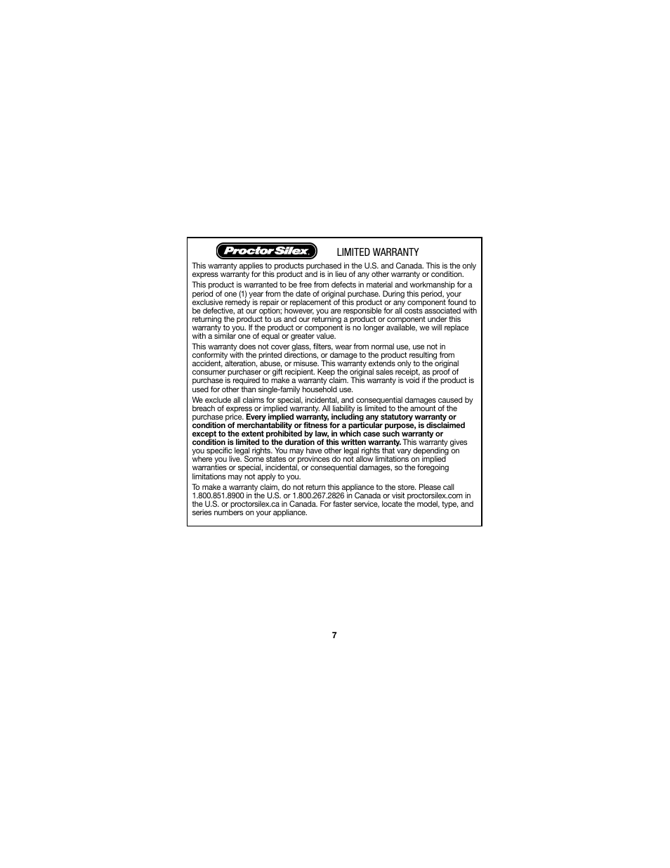 Limited warranty | Proctor-Silex Food Chopper (black)-72507 User Manual | Page 7 / 24